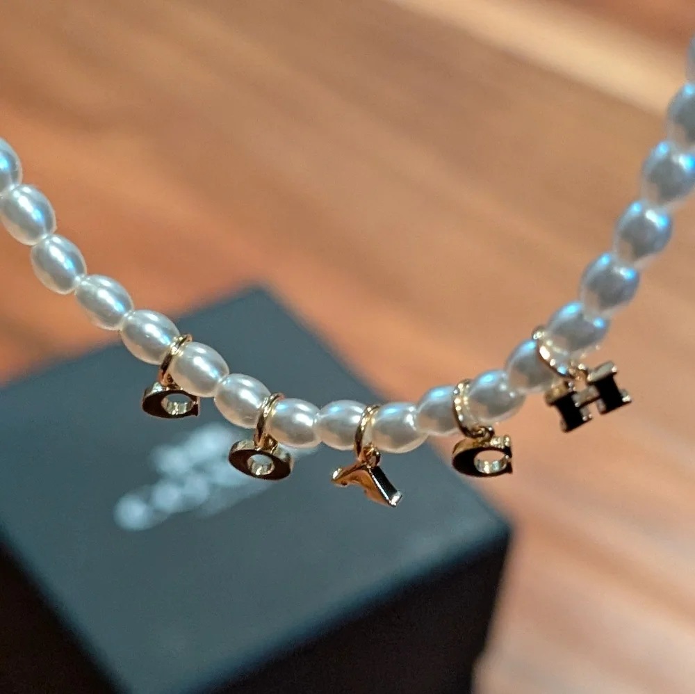 Coach Charms Pearl Cubic Zirconia Necklace + Dust Bag Nwt ❤️ - Picture 5 of 9